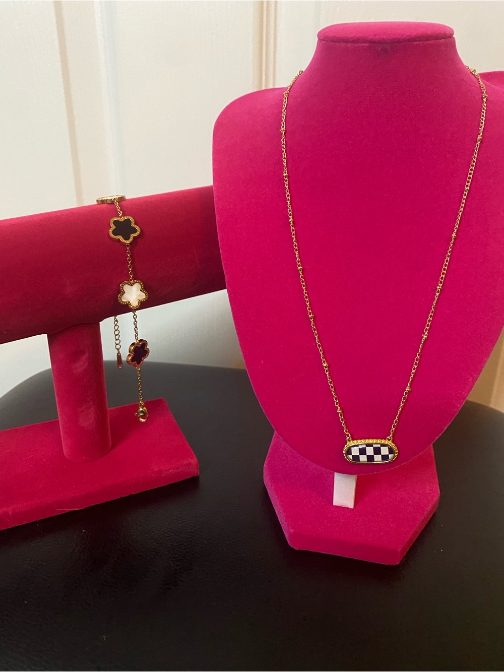 Gold-Tone Black & White Checker Pendant Necklace and Multi-Color Clover Bracelet